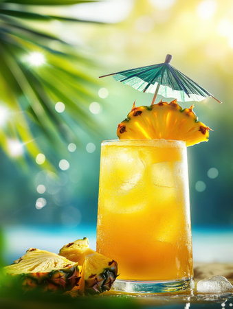 Bright and refreshing cocktail adorned with pineapple and a tiny umbrella glistens in the sunlight, evoking a relaxing tropical getaway by the beach.の素材