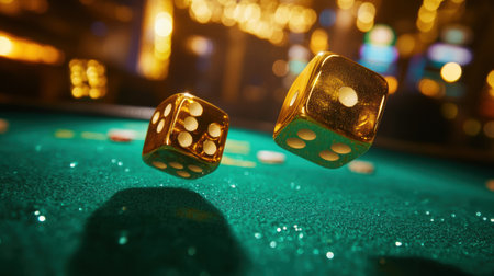 Golden dice tumble gracefully across a lush green casino table, surrounded by vibrant lights and a luxurious atmosphere, creating excitement and anticipation.の素材