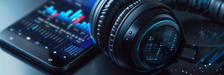 Headphones rest on an ear while connected to a smartphone showcasing a vibrant music app. The setup captures a contemporary music experience.の素材