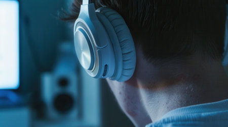 An ear with headphones is visible in a calm workspace, highlighting concentration in a quiet environment ideal for soundproofing applicationsの素材
