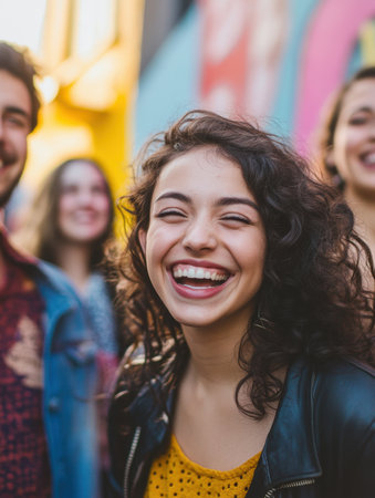 A lively group of friends shares a moment of laughter in a colorful urban setting, showing genuine joy in their candid expressions and dynamic energy.の素材