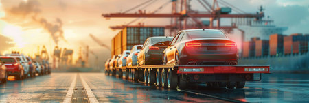 Finished cars are being loaded onto an auto carrier at a busy transportation hub during sunset, showcasing logistical operations in motion.の素材