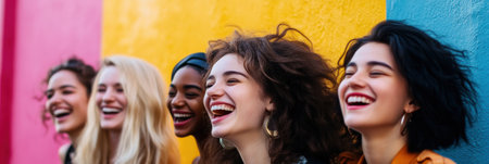 A lively group of friends enjoys a fun day together in an urban location, laughing with bright colors surrounding them, spreading joy and happiness.の素材
