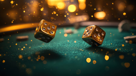 Golden dice glide across a rich green velvet table, leaving a blur that captures the thrill of high-stakes gaming surrounded by shimmering lights.の素材