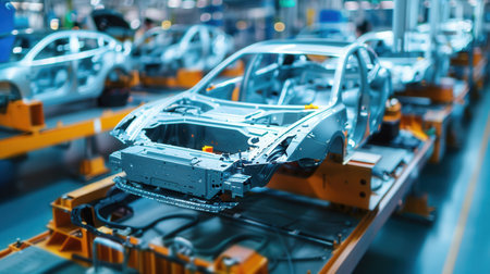 Electric car chassis are being assembled in a high-tech facility focused on sustainable manufacturing and innovative battery technology.の素材