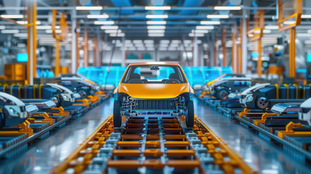 Electric vehicles are produced in a cutting-edge facility that prioritizes green tech and efficient battery production for sustainable transport.の素材