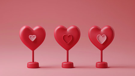 Three vibrant red heart icons stand on small bases, symbolizing love notifications, ideal for social media platforms.の素材