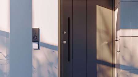 This front door showcases a sleek smart lock with a touchpad and a video doorbell positioned for optimal viewing, enhancing home security and convenience.の素材