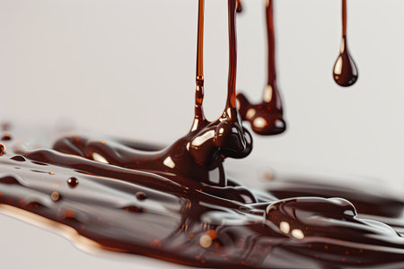 Rich, thick melted chocolate droplets cascade and pool on a light background, offering a visual treat that highlights its glossy finish and deep color.の素材