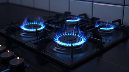 Burning gas flames illuminate a kitchen stove, symbolizing the impact of rising gas prices during an economic crisis, highlighting fuel consumption concerns.の素材
