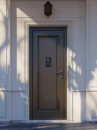 Stylish entryway showcases a modern front door featuring a smart lock with a touchpad and a video doorbell, ensuring enhanced security for the home.の素材