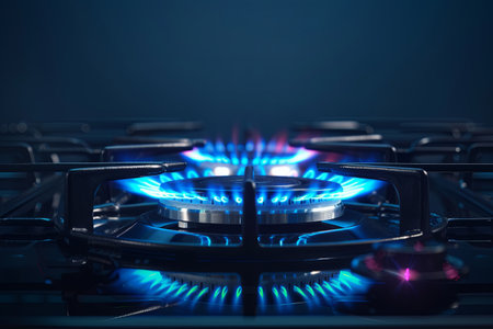 Bright blue flames dance from a gas stove burner as it prepares for cooking. Economic concerns rise with increasing costs of gas impacting households.の素材