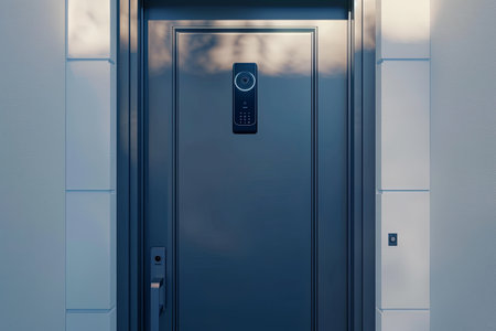 A modern front door showcases a smart lock with a touchpad and a video doorbell camera above, ensuring secure and convenient home entry in a chic setting.の素材