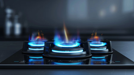Burning gas stove burners emit blue flames in a kitchen setting, reflecting concerns over an economic crisis and increasing gas costs.の素材