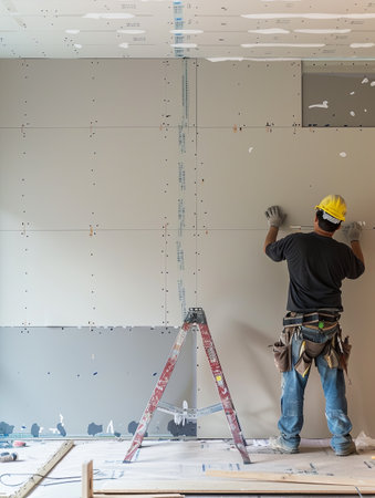 A worker carefully installs drywall panels on a stud frame using a ladder and various tools, highlighting the renovation process and attention to detail.の素材
