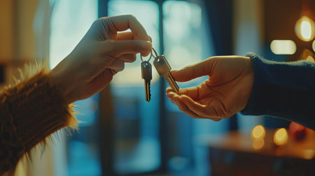 In a cozy setting, a young woman receives keys from a real estate agent, celebrating a major milestone with her new home.の素材