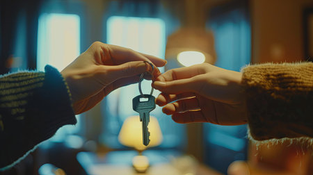 In a warm and inviting interior, a young woman takes the keys from a real estate agent following the successful signing of a lease agreement for her new home.の素材