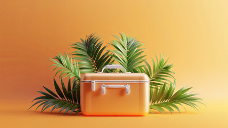A travel suitcase rests against a flat background with lush palm leaves, inviting thoughts of tropical getaways and summer escapes to exotic destinations.の素材