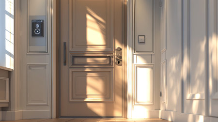 A contemporary front door features a smart lock with touchpad entry and a video doorbell positioned above, promoting security in a sleek entryway.の素材