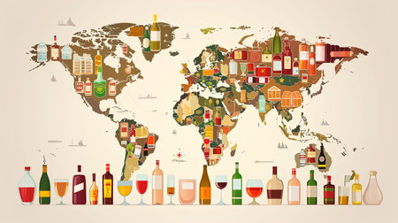 Discover a colorful map showcasing famous alcoholic beverages from around the world. Perfect for promoting international festivals and travel opportunities.の素材