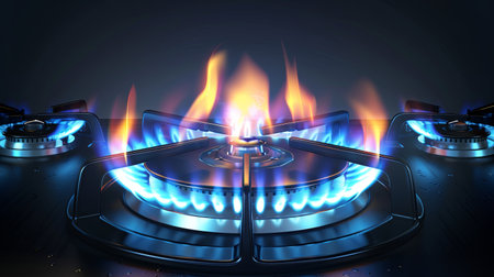 A blue flame flickers on a kitchen gas stove burner, illustrating the economic crisis and the increasing cost of gas in households today.の素材