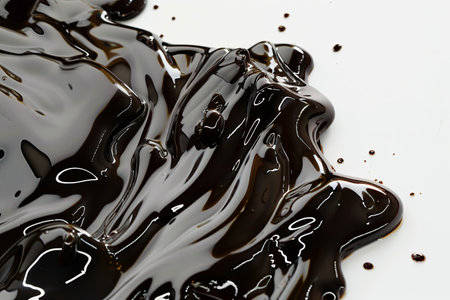 Glossy droplets of melted chocolate cascade over a pristine white surface, highlighting intricate details and a rich, dark hue meant to entice the senses.の素材