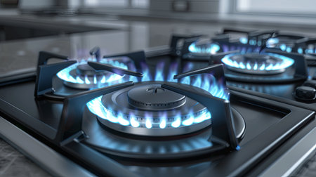 Flames from a stove gas burner illuminate a contemporary kitchen, highlighting concerns over rising gas prices amid an ongoing economic crisis.の素材