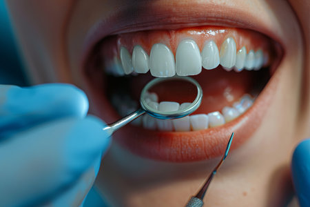 A dentist performs a thorough teeth cleaning on a patient, efficient specialized tools to ensure dental health and hygiene in a clinical setting.の素材