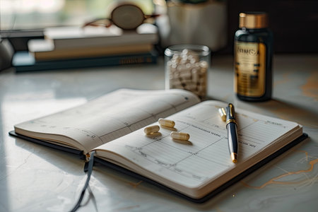 Carefully arranged pills next to an open daily planner and a pen create a serene atmosphere, embodying the essence of organization and routine.の素材