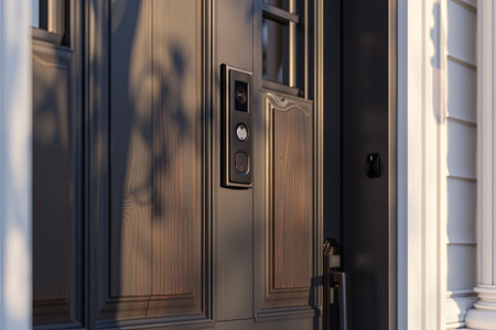 Modern front door features a smart lock with a touchpad and a video doorbell. A well-designed entryway showcases stylish security for homeowners.の素材