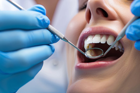A dentist performs a thorough teeth cleaning on a patient, showing effective techniques for maintaining oral health and promoting dental hygiene practices.の素材