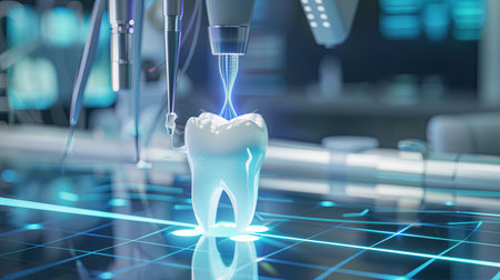 Modern dental technology is being highlighted as a laser treatment procedure is applied to a tooth, showing advanced techniques for oral care.の素材