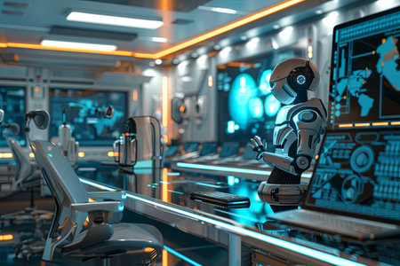 Students engage with cutting-edge computers and robotics in an innovative tech center designed for hands-on programming and technology courses.の素材