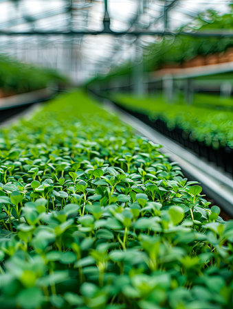 Lush microgreens flourish in neat rows while being nourished by a meticulous drip irrigation system within a clean greenhouse setting.の素材