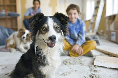 Young family participates in a home renovation, engaging with children and pets in a warm and playful atmosphere that promotes creativity and togetherness.の素材