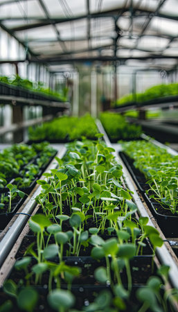 Microgreens are being nurtured under a drip irrigation system in a clean greenhouse, showcasing lush greenery and efficient farming practices.の素材
