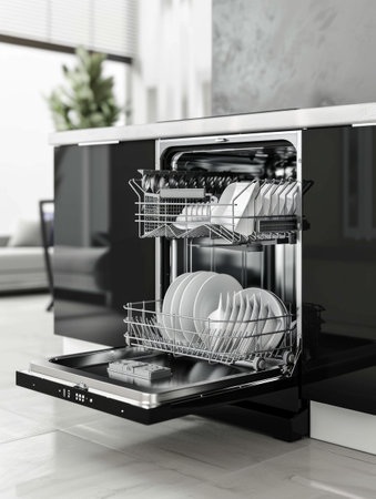 A modern dishwasher opens to reveal spotless dishes and shiny cutlery, highlighting efficient cleaning in a contemporary kitchen atmosphere.の素材