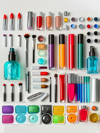 A variety of colorful nail polishes, files, and manicure tools are beautifully arranged on a light background, showing a vibrant beauty setup for nail art.の素材