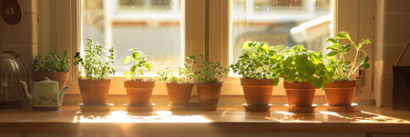 Microgreens grow lushly in stylish pots along a sunny kitchen window, casting gentle shadows. The warm sunlight creates an inviting, cheerful ambiance.の素材