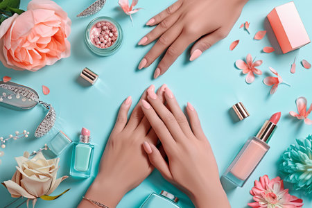 Beautifully manicured female hands resting on a blue surface surrounded by cosmetic products, floral accents, and stylish accessories in a serene settingの素材