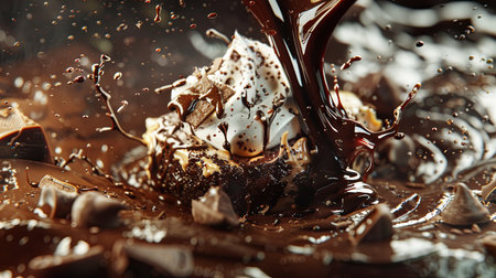 A delightful blend of melted chocolate pouring over a luscious dessert topped with whipped cream and chocolate shavings creates an appetizing display.の素材