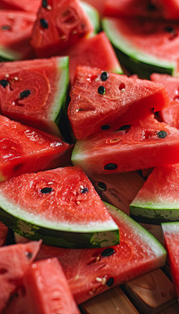 Freshly cut watermelon slices rest on a wooden cutting board, glistening with water droplets, creating a summer vibe that is irresistible.の素材
