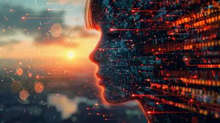 A silhouette of a person in profile blends with vibrant data streams during sunset, showing the intersection of technology and human experience.の素材