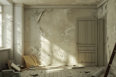 Bright, empty room shows early renovation progress with removed wallpaper, exposed plaster, and scattered tools hinting at upcoming transformation.の素材