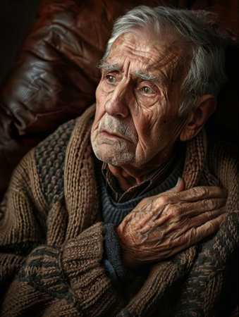 A concerned elderly man clutches his chest in a warm home setting, conveying the seriousness of heart disease among seniors with a look of worry.の素材