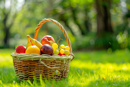 A vibrant basket filled with fresh fruits sits on the green grass, inviting picnics in a serene park setting under a clear blue sky.の素材