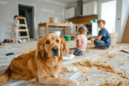 Children are playing while a dog relaxes amidst the busy renovation of their cheerful home, showcasing a lively family atmosphere filled with creativity.の素材