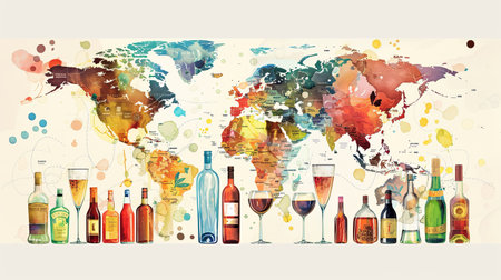 Explore a creative representation of a world map featuring popular alcoholic beverages from around the globe, ideal for festivals and exhibitions.の素材