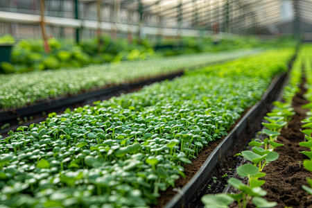 Rows of lush microgreens thrive under carefully controlled conditions in a greenhouse, efficient an efficient drip irrigation system to ensure hydration.の素材