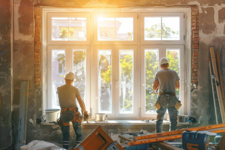 Workers are busy installing a new window frame in a well-lit room. Tools and materials are nearby, showcasing the transformation from old to new.の素材